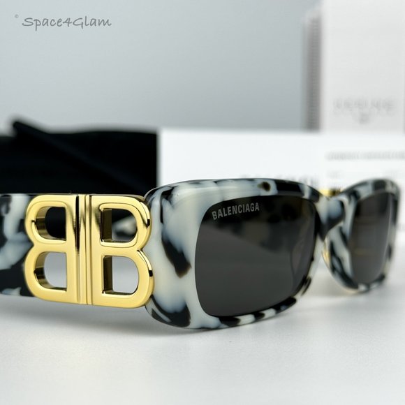 NEW Balenciaga BB0096S 005 White Havana Gray Gold Rectangle Unisex Sunglasses - Picture 1 of 15